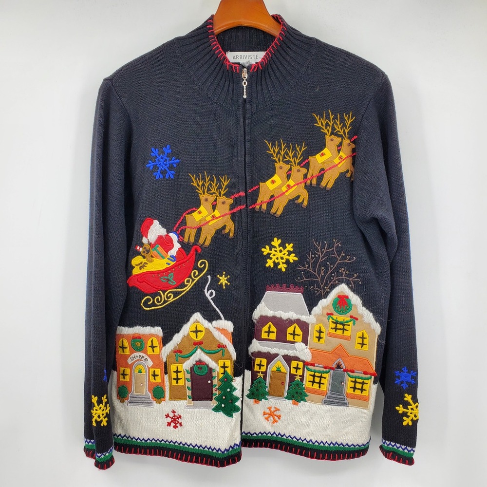 Vintage Arriviste Christmas Village Santa Sleigh Zip Sweater M Grandma Holiday